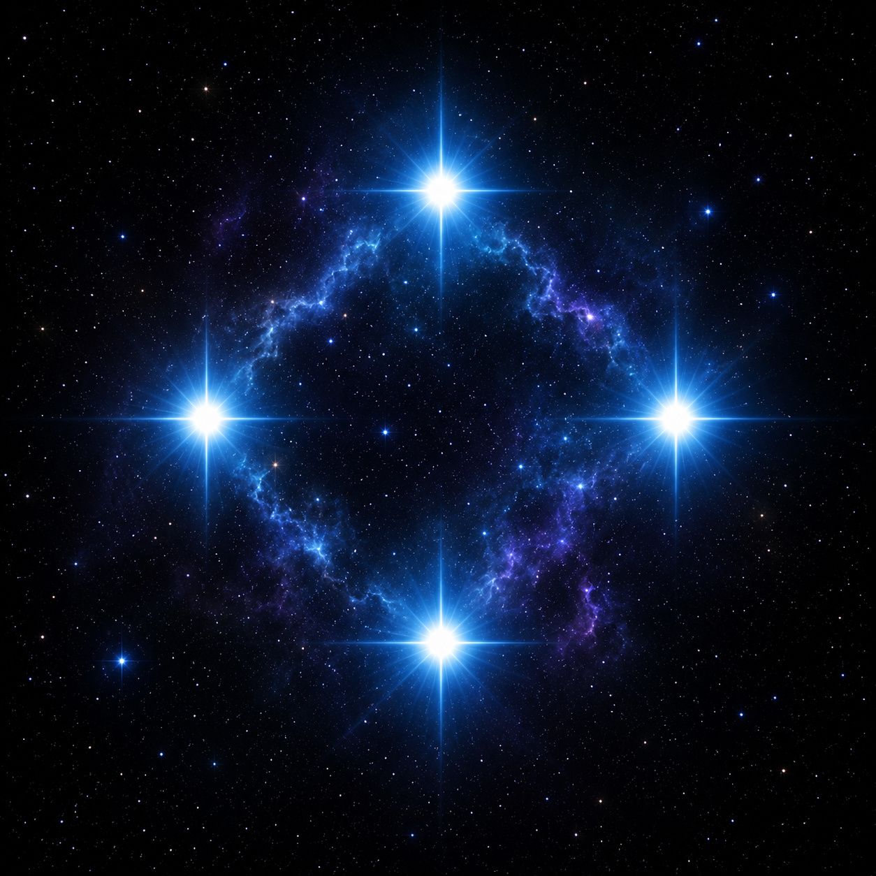 A portal consisting of four glowing objects arranged in a diamond.
